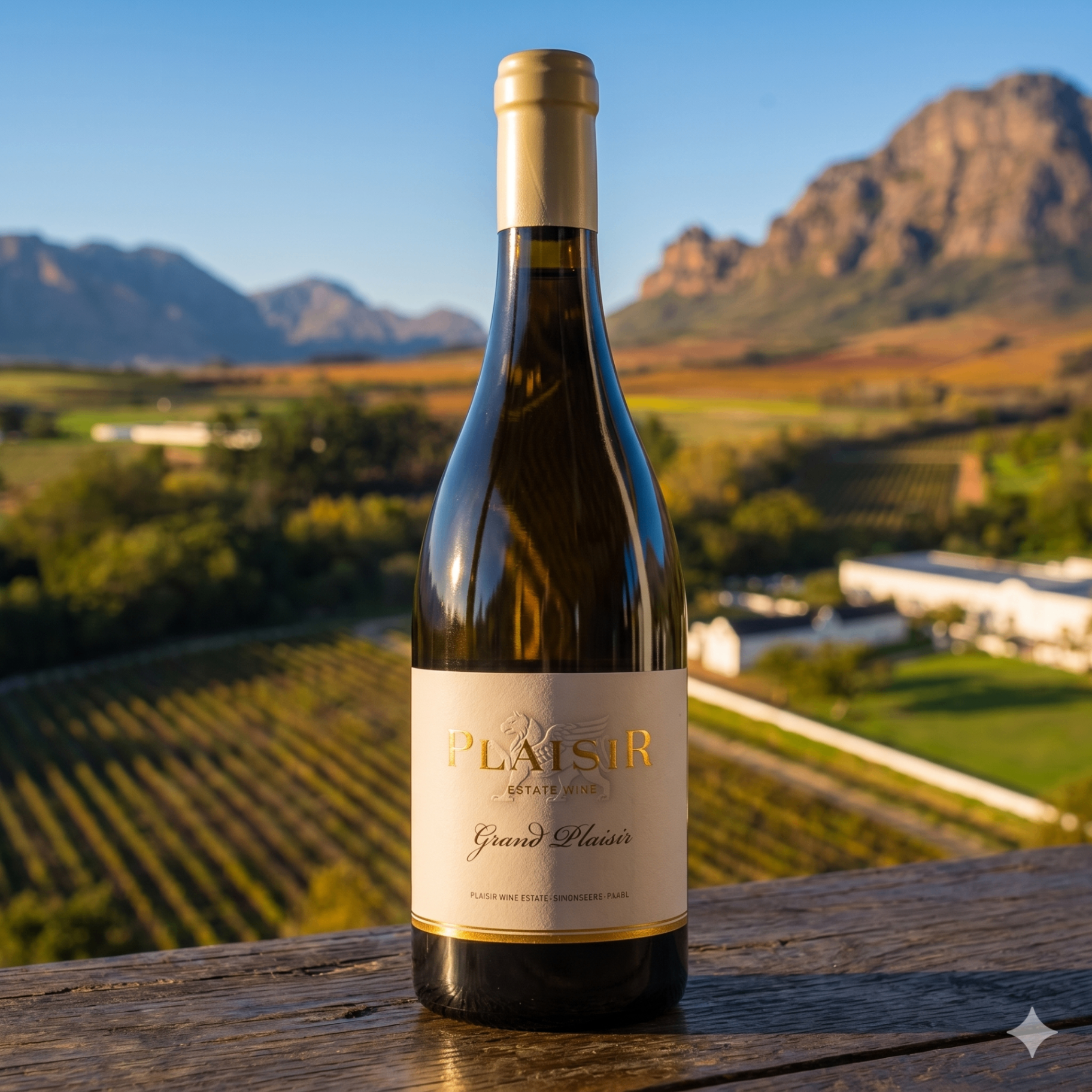 Grand Plaisir bottle on a wooden ledge with the Simonsberg mountains and Franschhoek Valley vineyards beyond