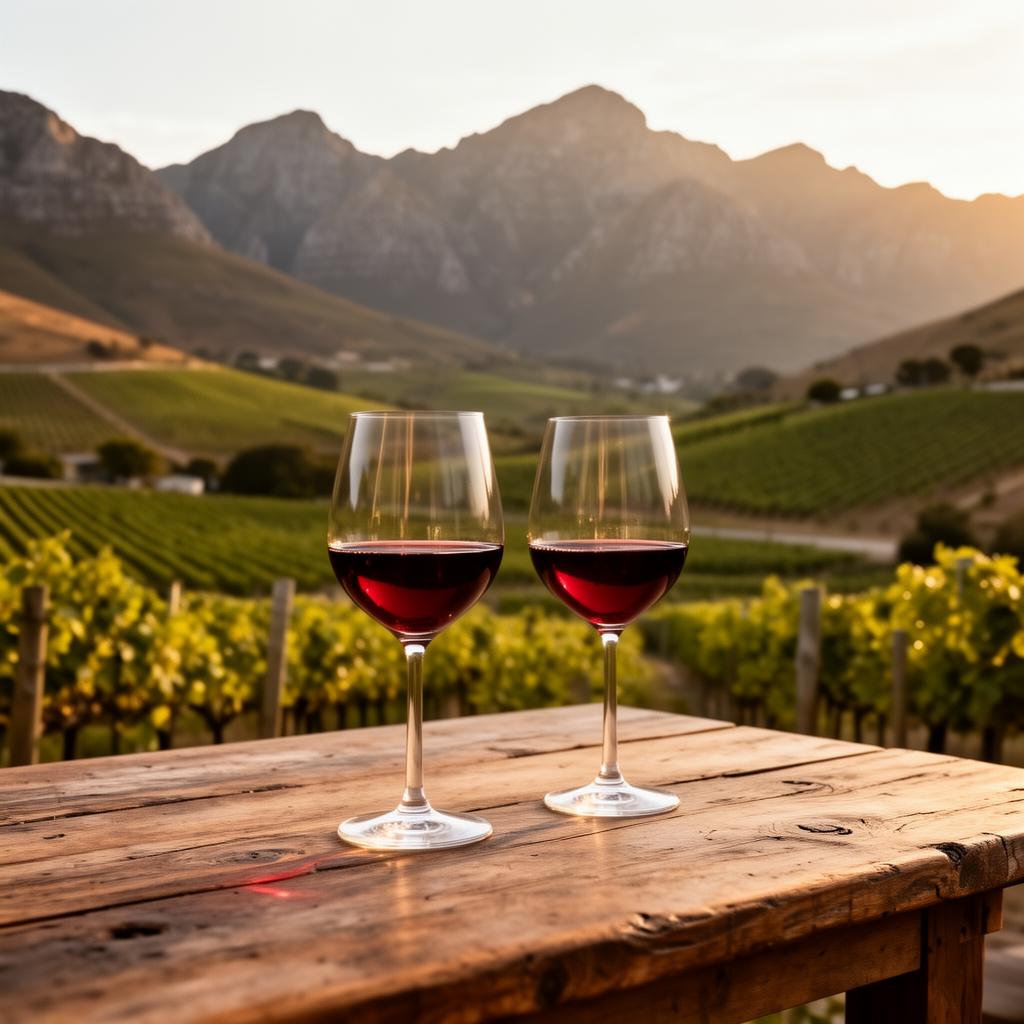 Wine glasses on a wooden tasting table overlooking a vineyard valley